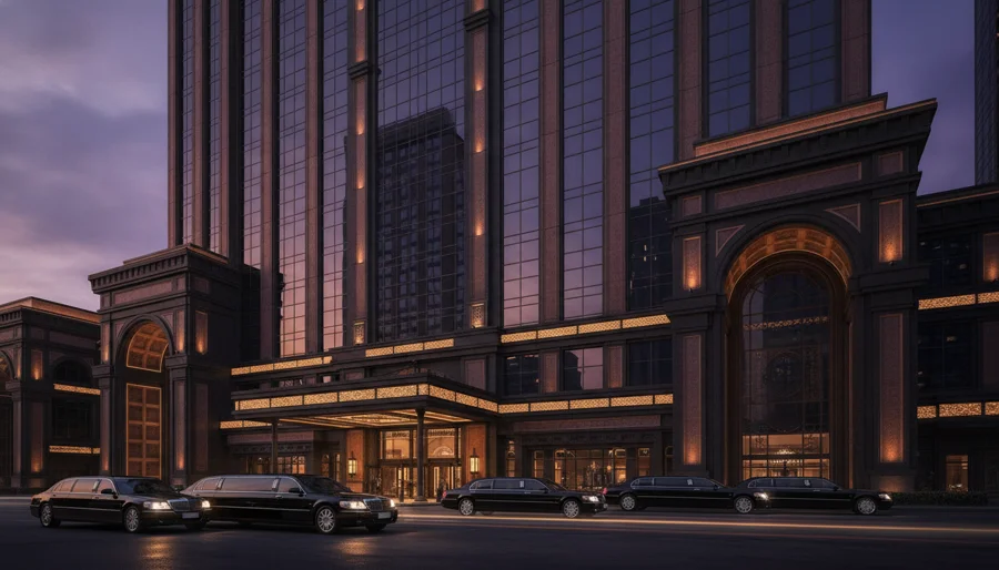 Grand Royale hotel tower at twilight with architectural lighting