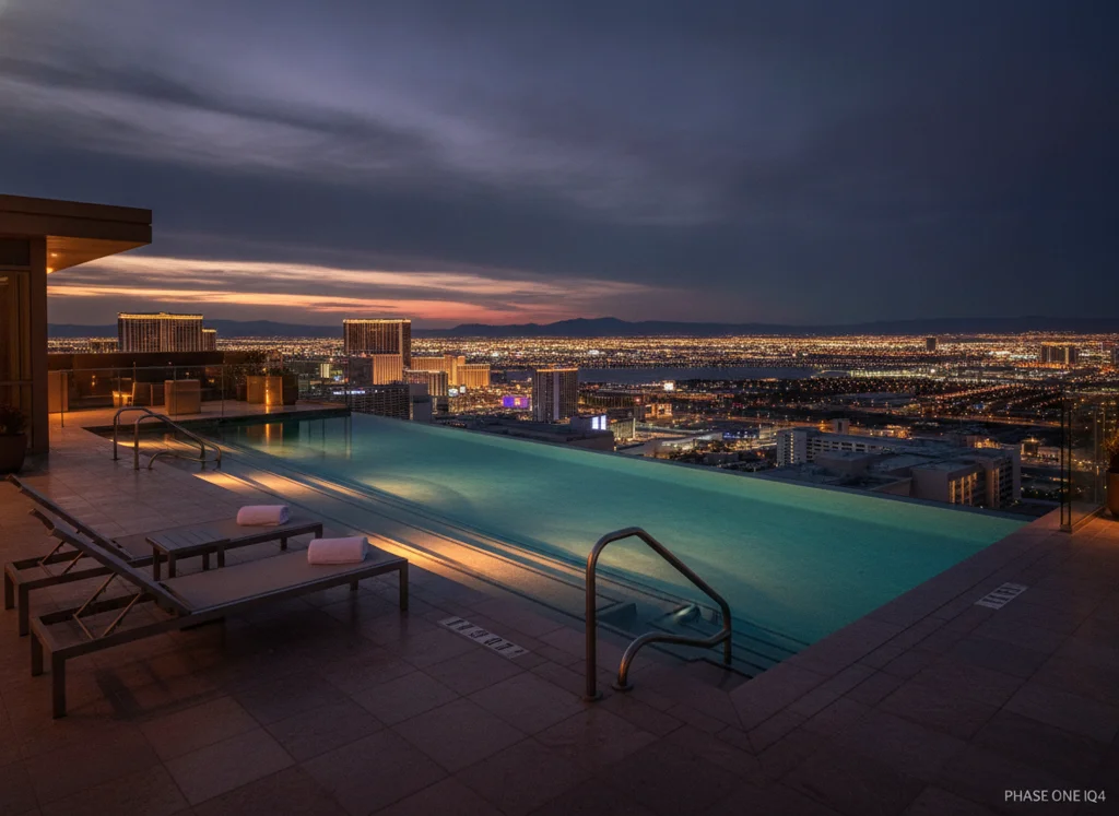 Grand Royale infinity pool at dusk with Las Vegas skyline and golden lighting