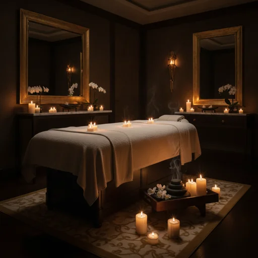 Luxurious spa treatment room with candles and soft lighting at Grand Royale