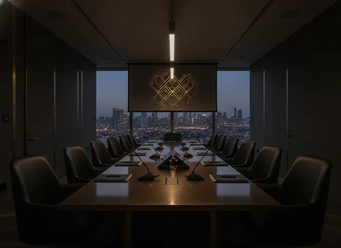 Executive conference room with city skyline backdrop