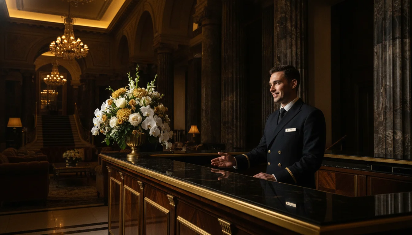 Luxury hotel concierge desk with gold-trimmed counter and fresh flowers