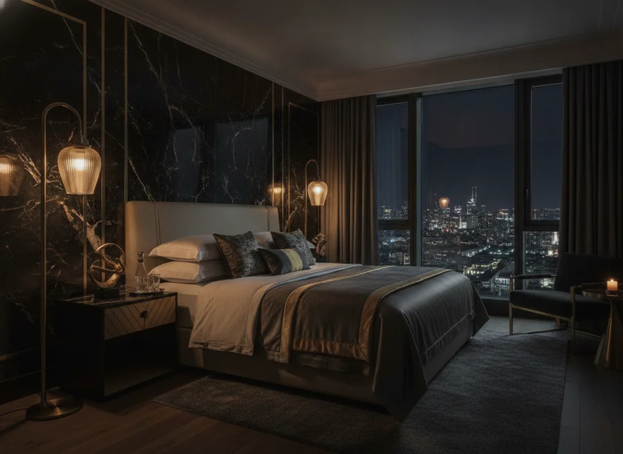 Deluxe Room with plush king bed, marble accent wall and panoramic city view