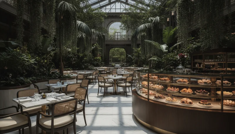 Garden Café with lush indoor plants, natural light and elegant breakfast setting