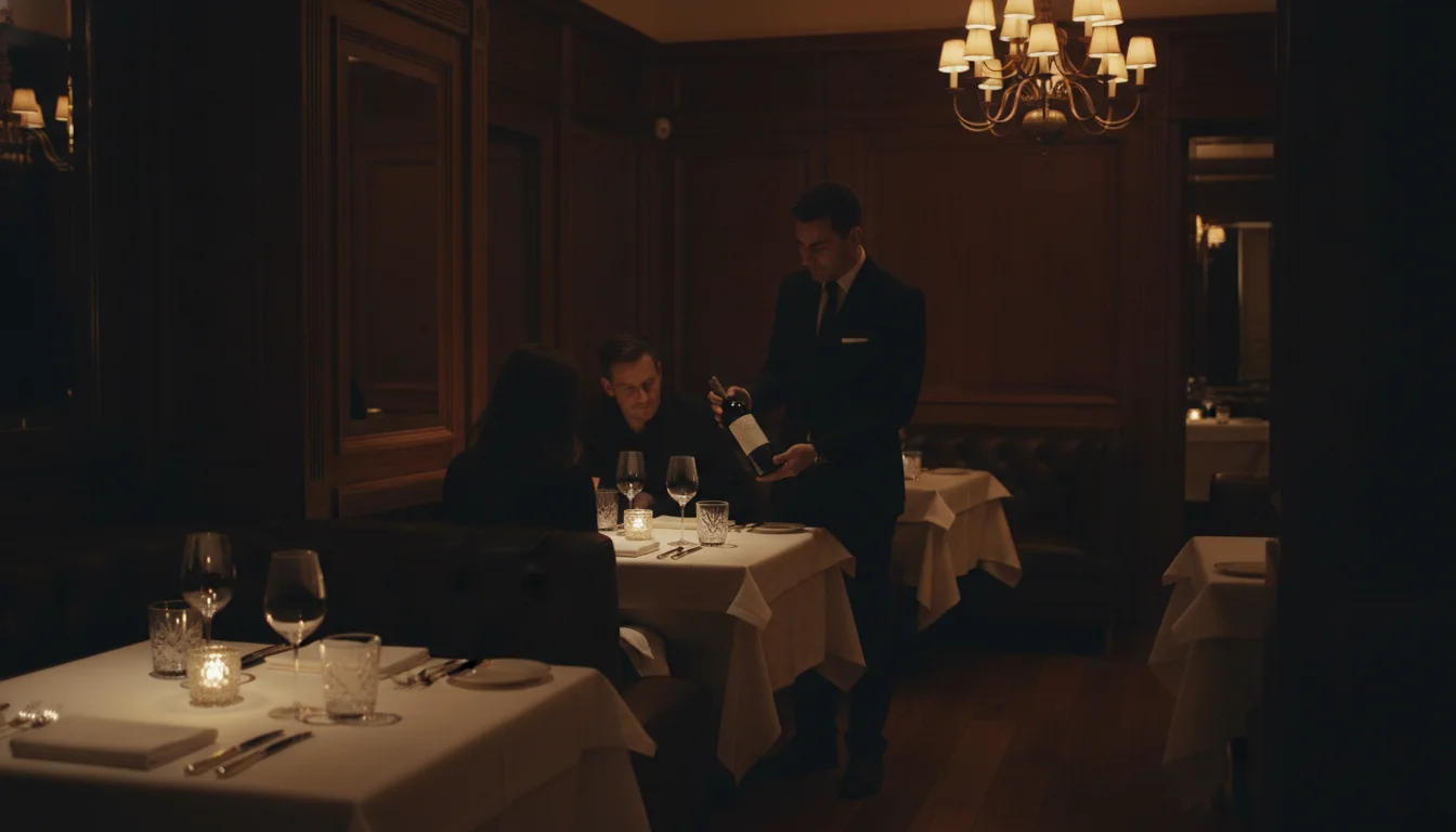 Fine dining steakhouse interior with dramatic amber lighting and crystal glassware