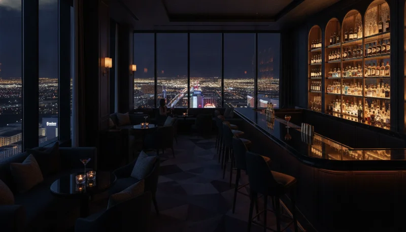 Skyline Lounge bar with floor-to-ceiling glass windows overlooking Las Vegas at night