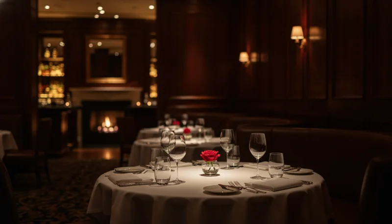 Royal Steakhouse interior with wood paneling, dim lighting and premium table settings
