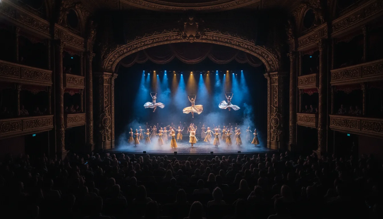 Grand Royale Theater stage with dramatic lighting, live performance and packed audience