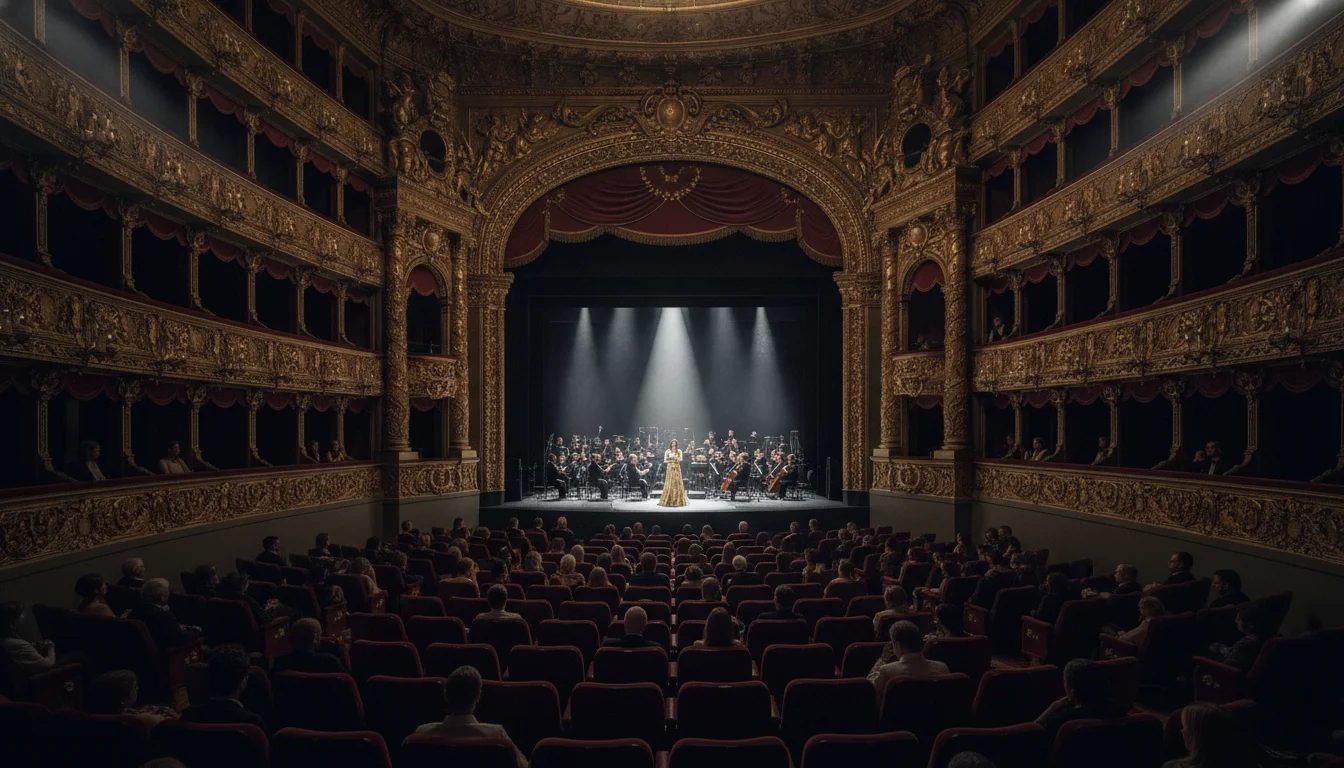 Grand theater showroom with spectacular live performance and plush red velvet seats
