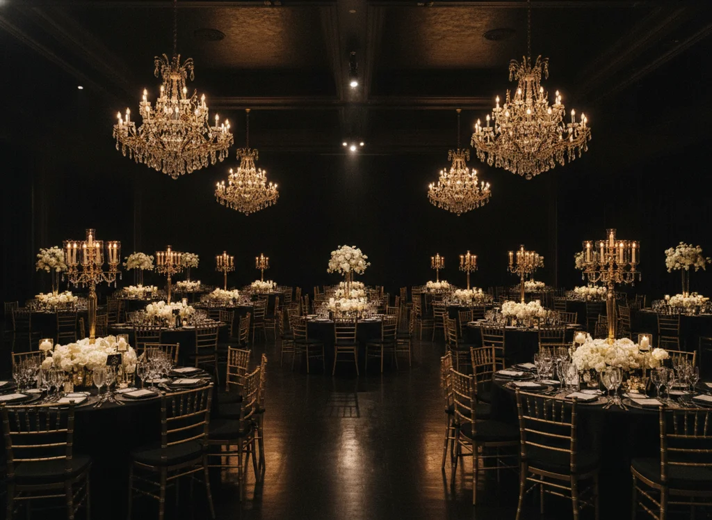 Grand Royale ballroom set for a gala event with crystal chandeliers and floral arrangements