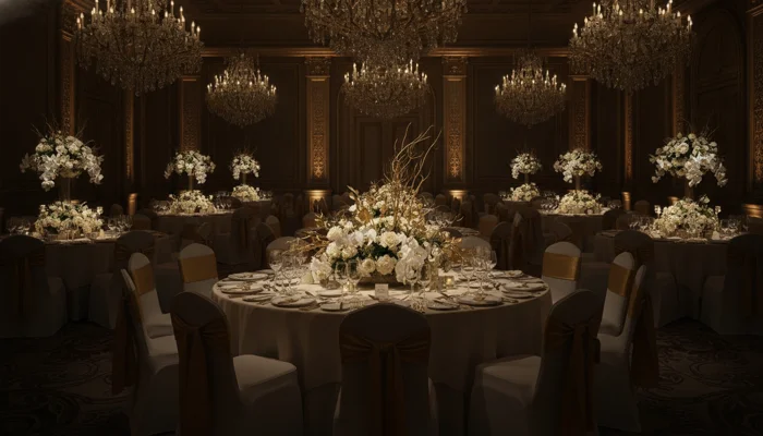 Opulent ballroom set for gala dinner
