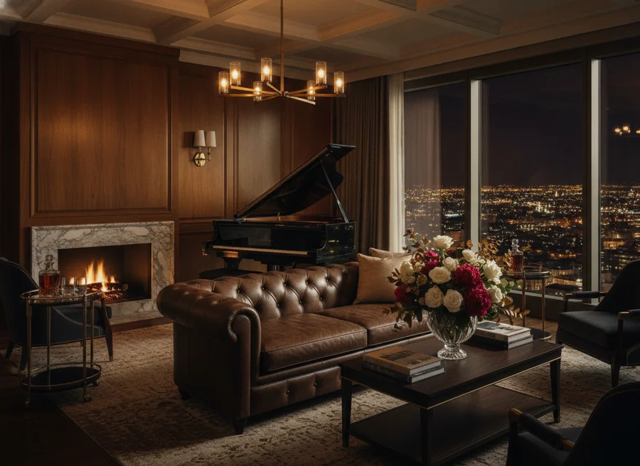 Executive suite with leather chesterfield sofa, grand piano and panoramic skyline