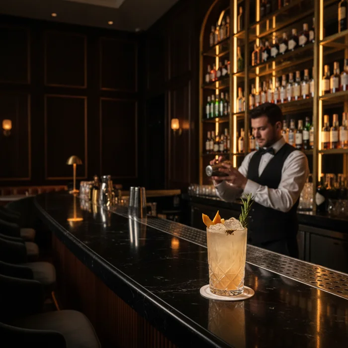 Premium hotel bar with illuminated shelves and craft cocktail