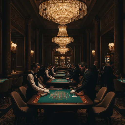 Grand Royale casino floor with elegant table games and crystal chandeliers