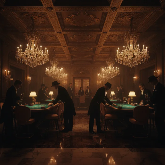 Opulent casino floor with crystal chandeliers