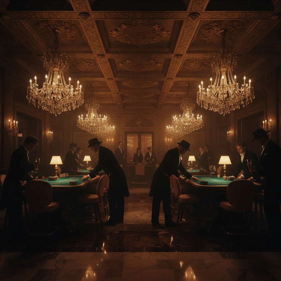 Opulent casino floor with crystal chandeliers and roulette tables