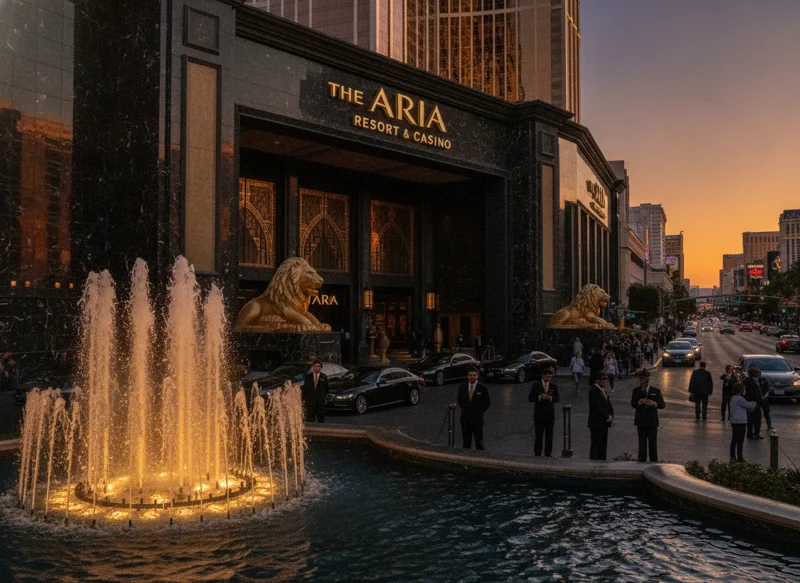 Grand Royale Hotel exterior at golden hour with fountains and valet entrance