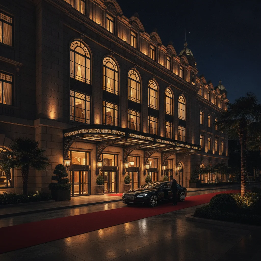 Grand casino hotel facade at night with dramatic architectural lighting