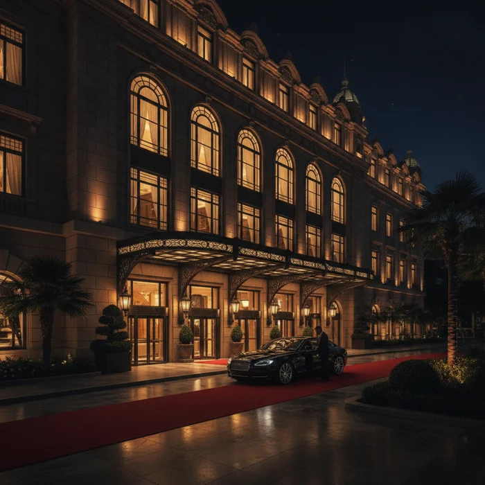 Grand casino hotel exterior facade at night