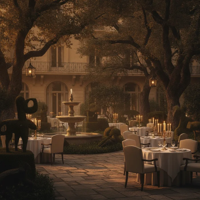 Hotel garden terrace at golden hour with outdoor dining