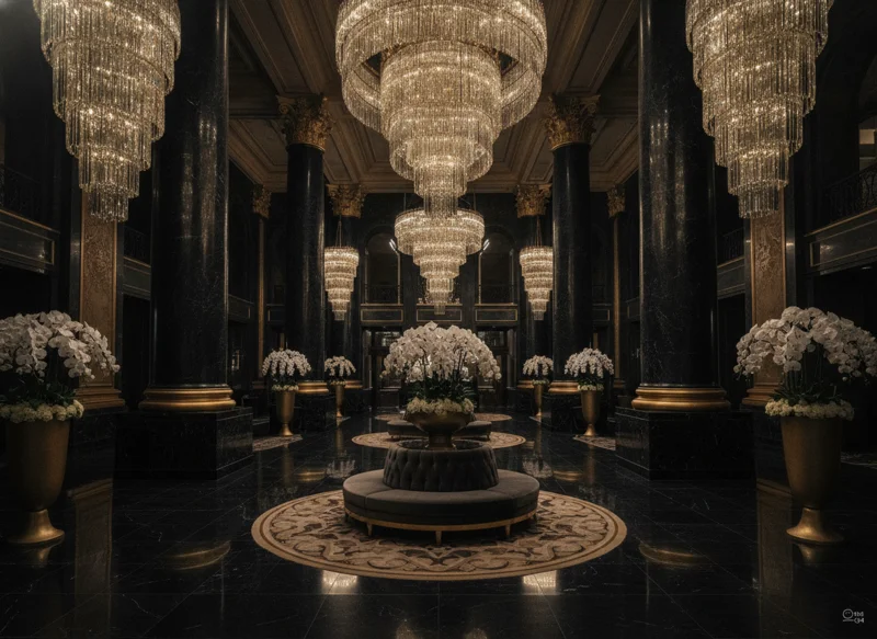 Grand Royale opulent lobby with towering golden columns and marble floors