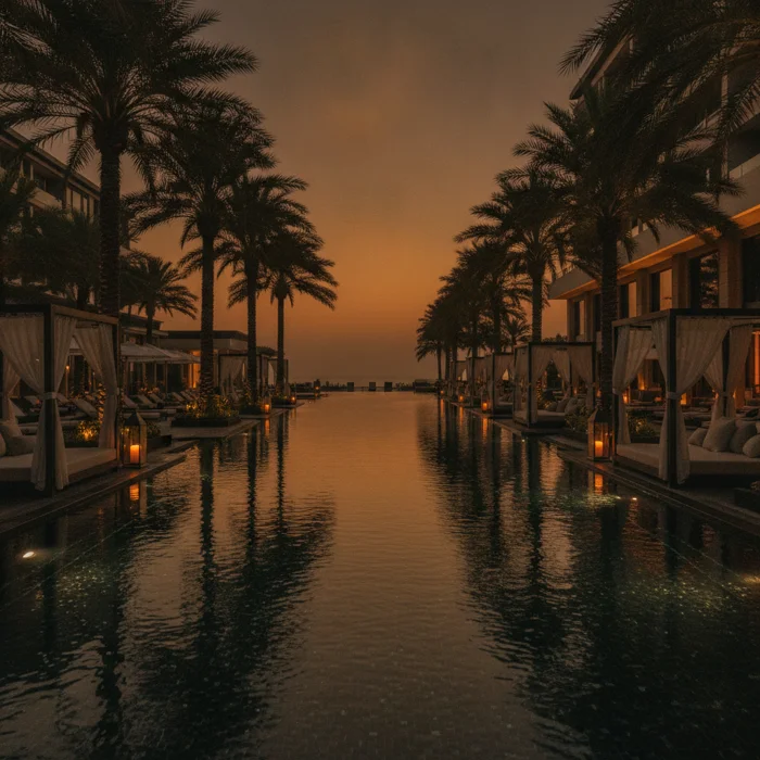 Resort pool at dusk with palm trees and golden reflections