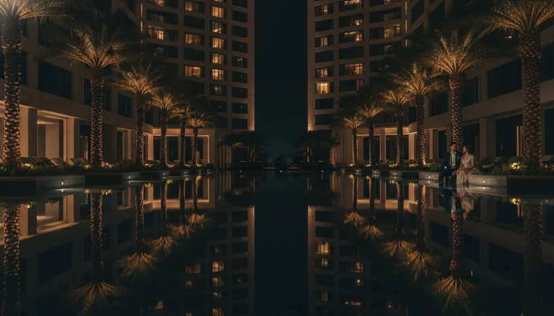 Grand Royale pool area at night with ambient lighting reflecting off the water