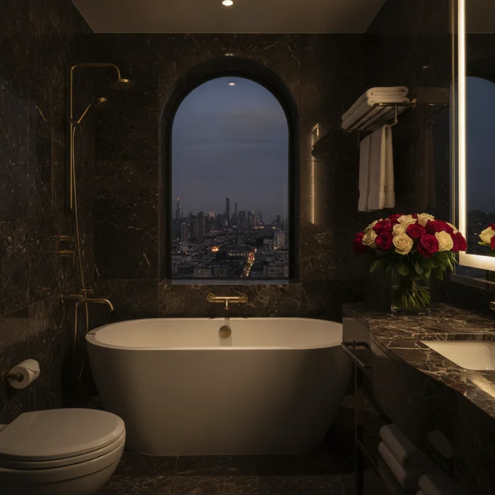 Luxury bathroom with freestanding soaking tub and gold fixtures