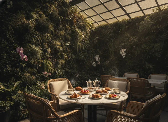 Garden cafe with botanical walls and morning light