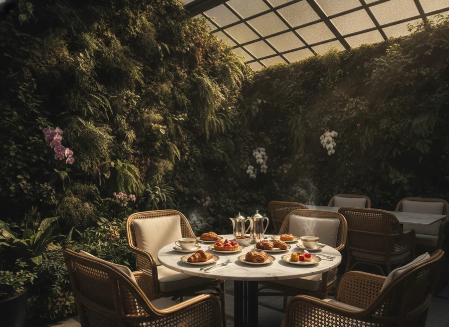 Garden cafe with botanical walls and morning light