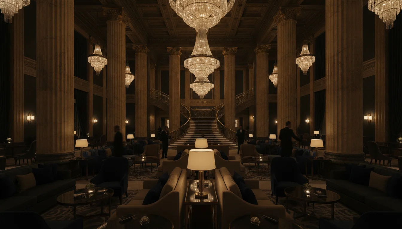 Grand hotel lobby with crystal chandeliers and marble columns