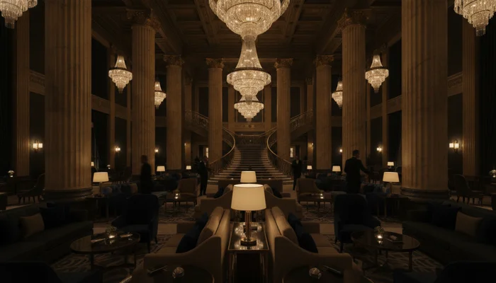 Grand hotel lobby with crystal chandeliers and marble columns