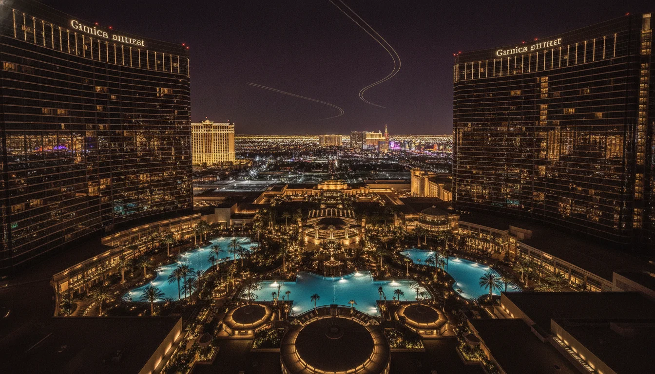 Aerial night view of Grand Royale Casino Hotel with glittering city lights
