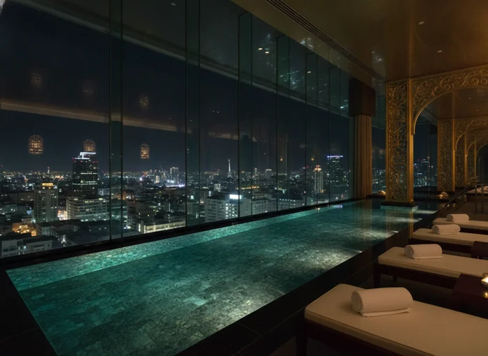 Indoor infinity pool with skyline view