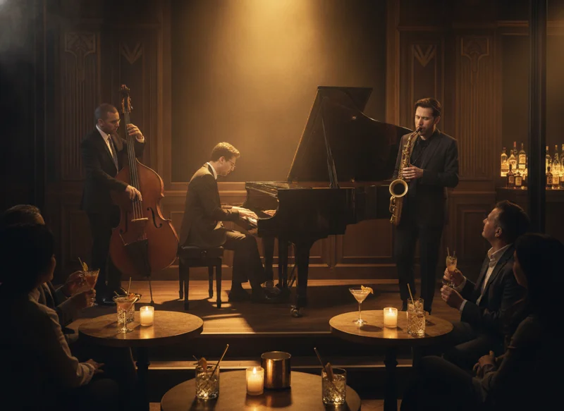 Jazz trio performing in intimate candlelit club