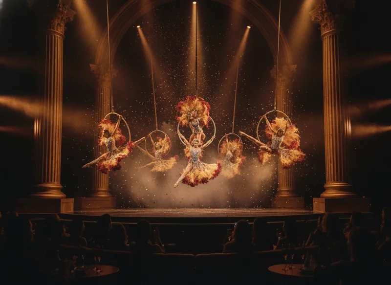 Spectacular stage show with acrobatic performers in gold and crimson costumes