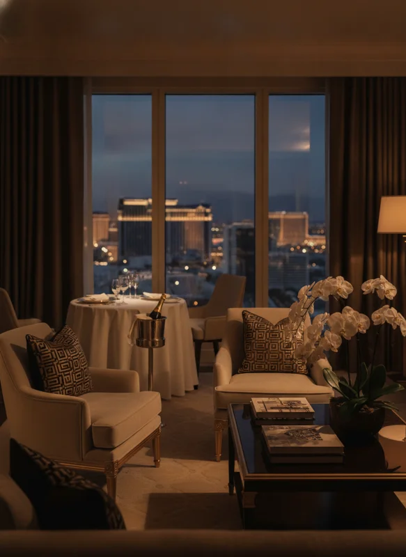 Executive Suite with living area, panoramic Las Vegas strip view and gold accents