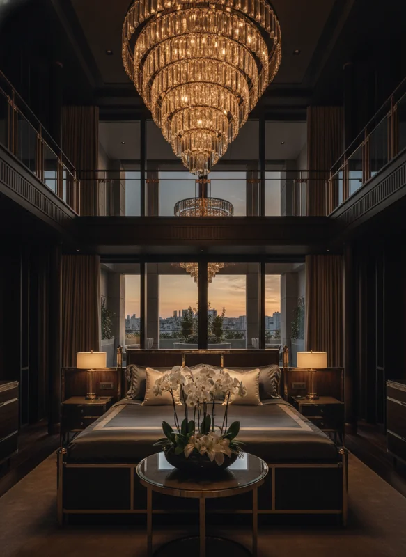 Presidential Suite grand living room with panoramic Las Vegas view, art deco furnishings