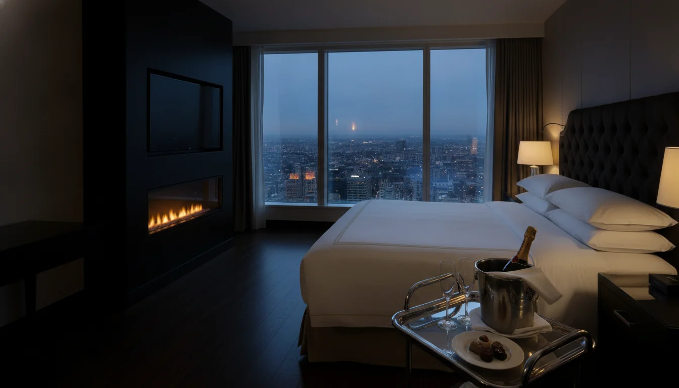 Luxury hotel suite at dusk with floor-to-ceiling windows