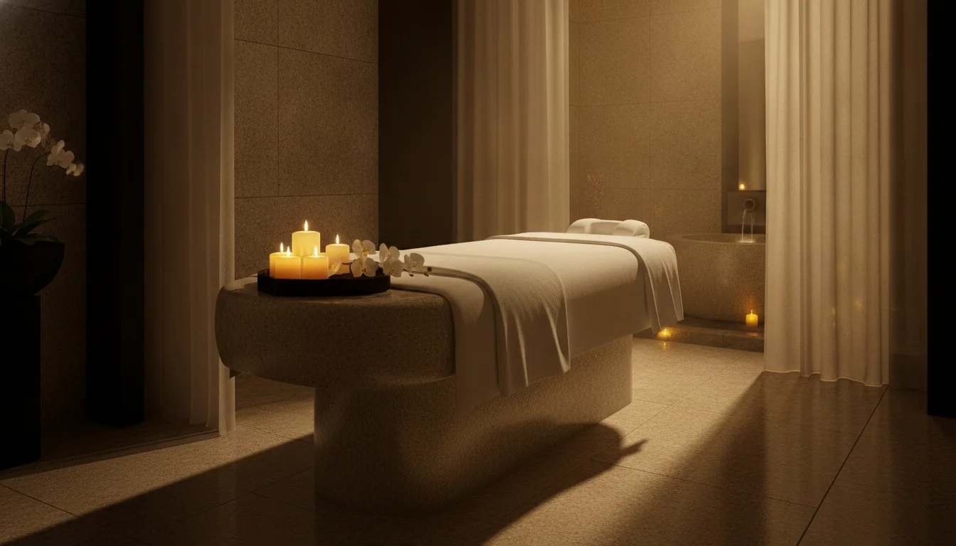 Luxury spa treatment room with serene lighting, stone walls and white orchids