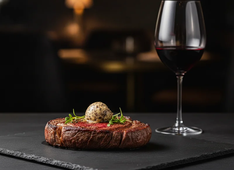 Wagyu ribeye steak on slate plate with red wine