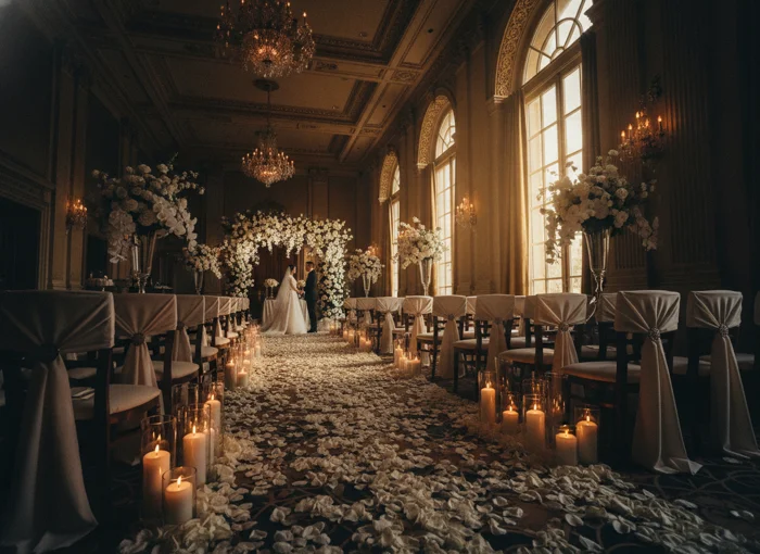 Luxury hotel wedding ceremony in grand ballroom
